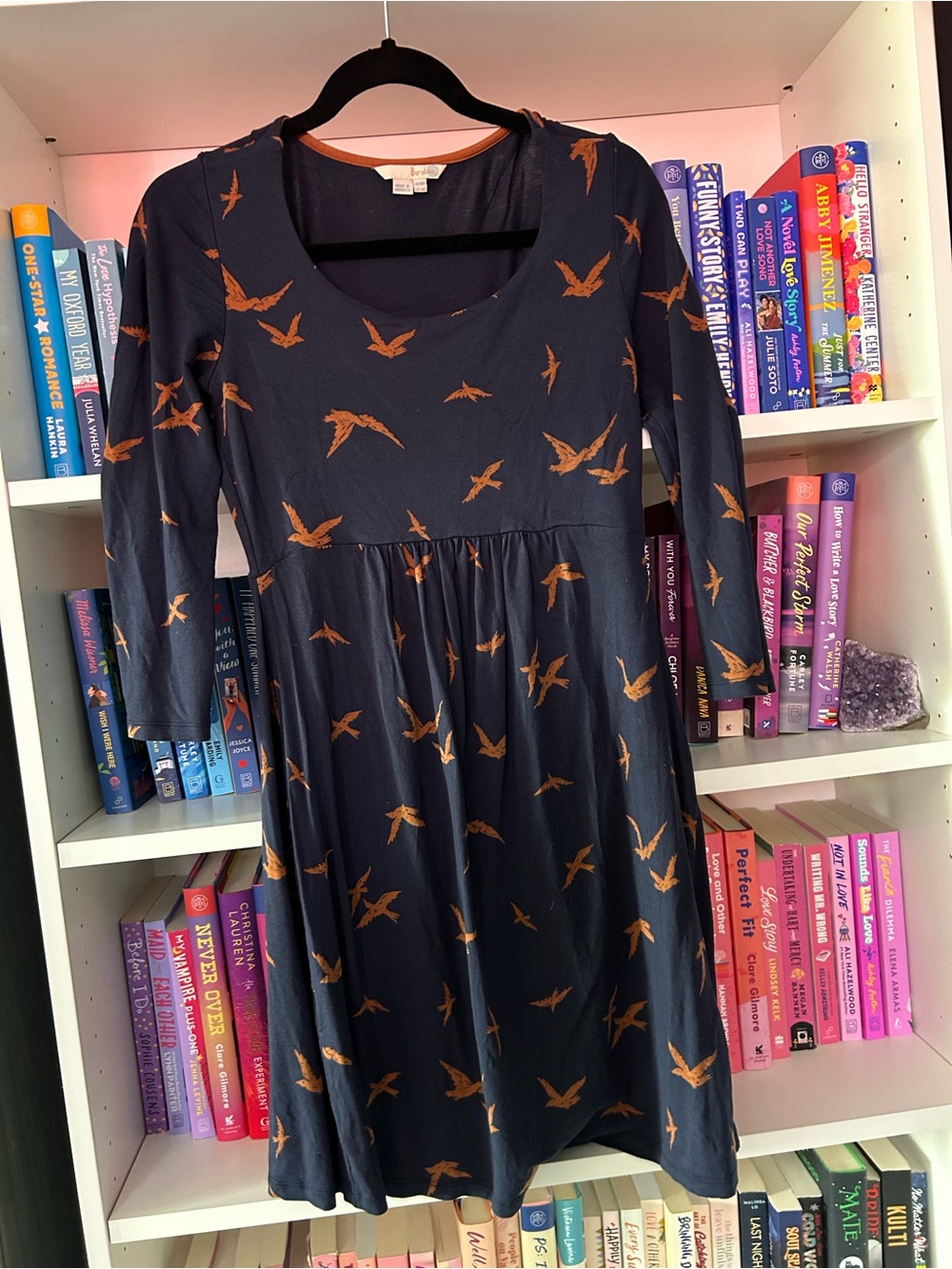 Boden Navy Dress with Rust Bird Print